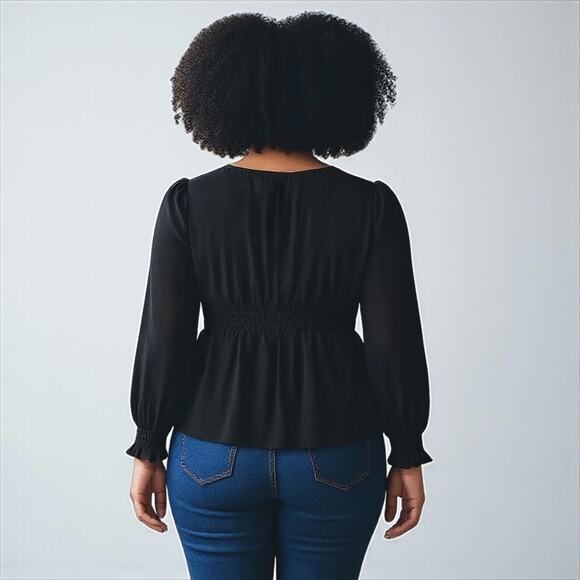 NWT Torrid Smocked Waist Long Sleeve Chiffon Blouse Black - Picture 2 of 8
